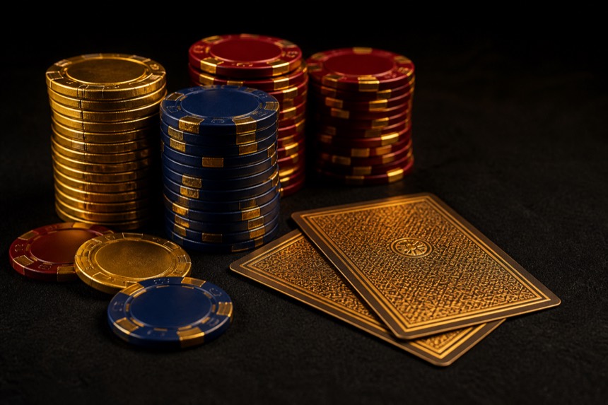 Gestapelte Spieljetons in Gold, Dunkelblau und Rot neben zwei verdeckten Spielkarten mit goldener Rückseite